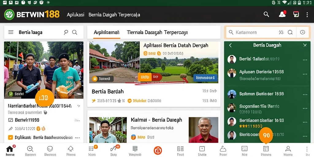 Tampilan antarmuka aplikasi BETWIN188 dengan berita daerah terkini.