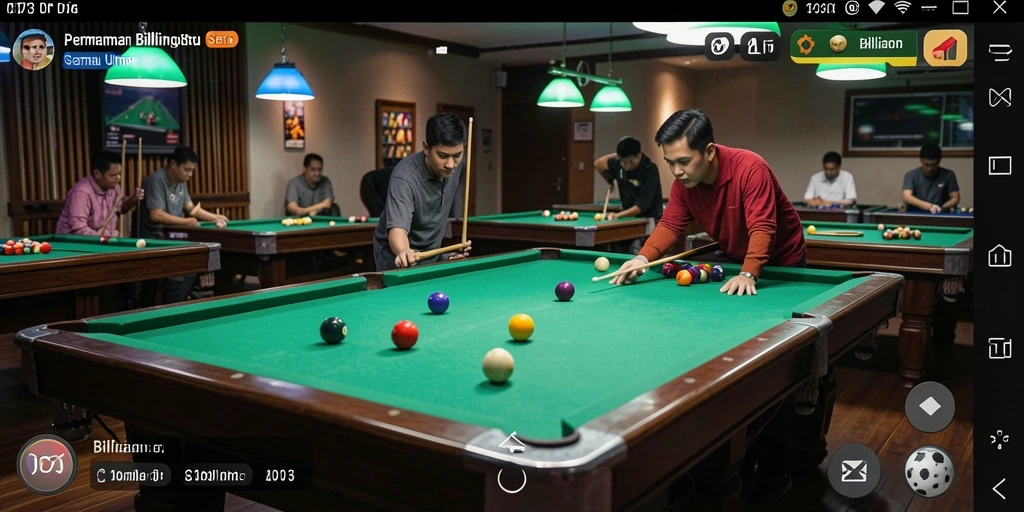 Screenshot utama D73 menampilkan aksi seru permainan billiard.
